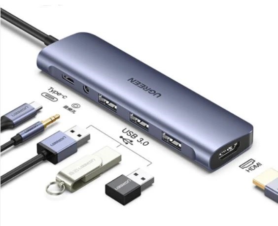 USB ჰაბი UGREEN CM136 (80132) USB-C To HDMI + 3xUSB 3.0 + AUX 3.5mm + PD Power Converter, Grey